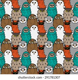 Doodle owls. Seamless pattern.