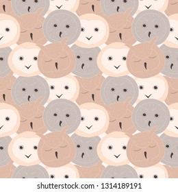 Doodle owls seamless pattern. Colorful cute owls background. Great for coloring book, wrapping, printing, fabric and textile. Vector illustration of birds faces.