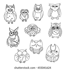 Doodle owls set. Vector furry bird collection.