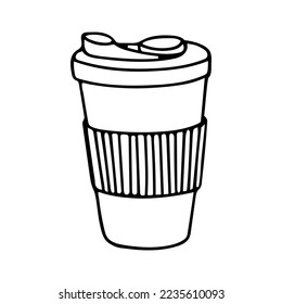 Doodle of own reusable cup isolated on white background. Hand drawn vector illustration of ecological and zero-waste mug. Coffee to go.