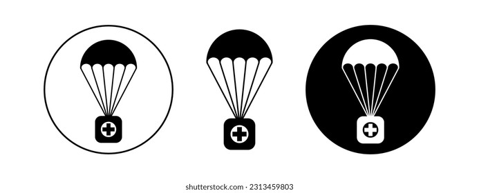 Doodle-Verpackung mit Fallschirm. Set von Fallschirmen mit medizinischem Kasten Vektorsymbol.