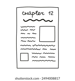 Doodle page of book with chapter and pictures. Cute concept of reading lovers, kids learning, study. Academic book, literature, encyclopedia. Back to school supply. Hand drawn outline illustration