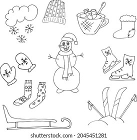 Doodle painted set for the theme of the winter season-snowflakes, knitted socks, a cup of hot drink, winter sports. Vector drawings by hand. Winter theme, New Year, Christmas.Winter hobbies.