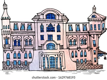 Doodle painted vintage classic facade of a city house, in watercolor and ink lines in vector, house with an attic and a portico