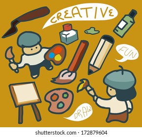 Doodle Painting Set Vector in vintage style