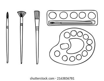 Doodle painting tools icon collection in vector. Hand drawn painting equipments illustrations collection in vector. Paint palette and brush doodle illustrations set.