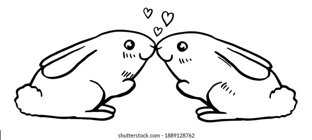 Doodle of pair of kissing rabbits. Hand drawn vector illustration. Romantic animals sketch isolated on white. Cute contour drawing for st Valentine holiday design, print, card, sticker, decor, poster.