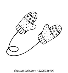 Doodle of pair of mittens with snowflakes and stripes. Hand drawn vector illustration of winter warm knitted clothing isolated on white background.