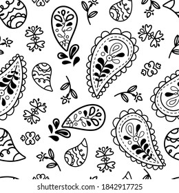 Doodle paisley bandana seamless pattern, print folk decor, artistic background, oriental wallpaper