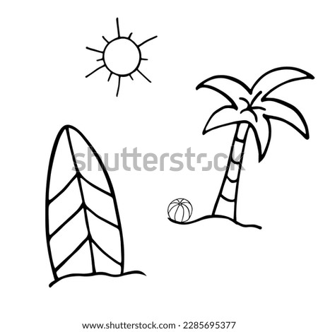 doodle palm tree and surfboard illustration in vector.Palm and surfboard vector illustration on a white bacground.