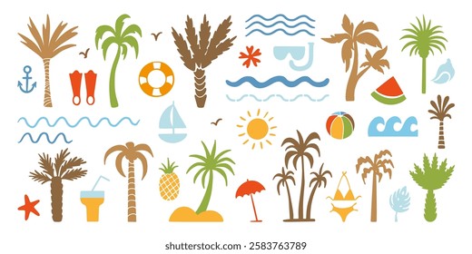 Doodle palms and beach elements. Groovy style graphic signs. Palm silhouettes, ocean sea waves, cocktail and sun. Summer vacation neoteric vector set