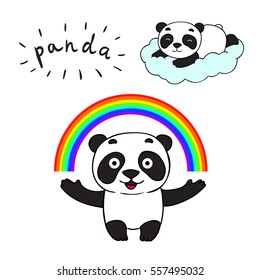 Doodle panda bear, isolated images for little kids. Panda lying on a cloud and under the rainbow. Cute smiling panda character.