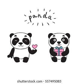 Doodle panda bears, isolated images for little kids. Panda is holding a heart, gift. 