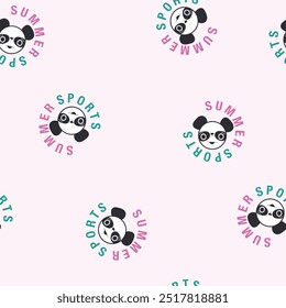 DOODLE PANDA FACE WITH TYPOGRAPHY SUMMER SPORTS TEXT ALL OVER PRINT SEAMLESS PATTERN VECTOR ILLUSTRATION