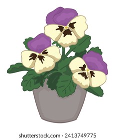 Doodle of pansies in a pot. Spring time flower clipart. Cartoon vector illustration isolated on white background.