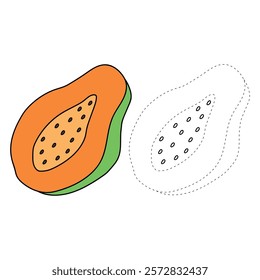 Doodle papaya isolated on white background vector. Papaya fruit coloring Page. Cartoon papaya coloring page for kindergarten and preschool worksheets for kids printable. Trace and color papaya. 