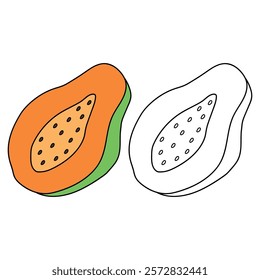 Doodle papaya isolated on white background vector. Papaya fruit coloring Page. Cartoon papaya coloring page for kindergarten and preschool worksheets for kids printable. Trace and color papaya. 