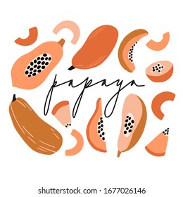 Vector de papaya Doodle con letras. Frutas exóticas abstractas tropicales planas dibujadas a mano. Ilustración vegetal veraniega saludable. Plantas tropicales adorables y coloridas para menús, cartas, pancartas