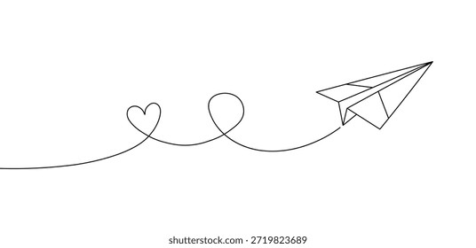 Doodle avião de papel voando com um traço de linha tracejada formando uma forma de coração, simples preto e ícone vetorial