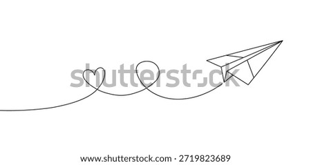 Doodle paper airplane flying with a dashed line trace forming a heart shape, simple black and vector icon