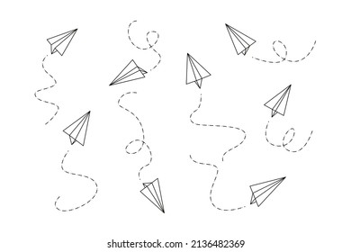 Doodle paper airplane icon set. Line art style aircraft in flight. Aeroplanes with direction lines. Outline simple vector illustration isolated on white background