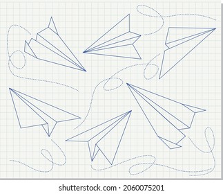 Doodle de aviones de papel,Plano de papel de origami , ilustración vectorial