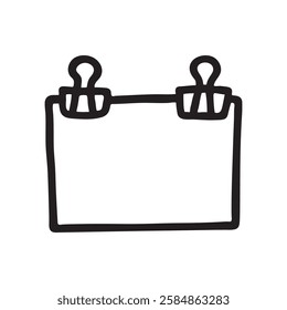 Doodle Paper with Binder Clips icon hand drawn with black line in freehand style. Vector illustration isolated on white background