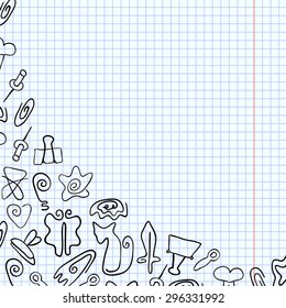 Doodle paper clips of various shapes drawn on a school notebook. Vector illustration. Variation forms