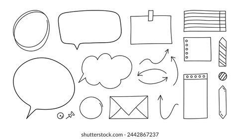 Doodle paper notes set. Paper sheets, speech bubbles, bookmarks, pins and arrows. Vector illustration