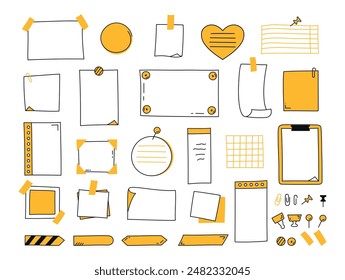 Doodle paper notes set in yellow color. Paper sheets, stickers, notepads and pins. For to do list and memo. Vector illustration