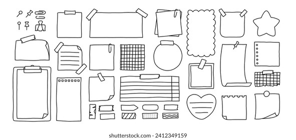 Doodle-Papiertücher, Aufkleber, klebende Blätter und Bandsatz. So erstellen Sie Liste, Memo-Nachrichten mit kurbelter Ecke, Notebooks und zerrissenem Papier mit Stift