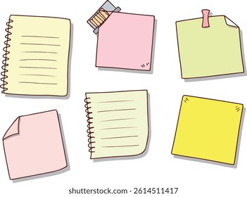 Doodle paper notes stickers vector illustration set
