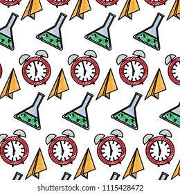 doodle paper plane with clock and erlenmeyer background