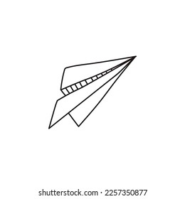 Doodle paper plane. Hand drawn airplane with outline curve routes, simple line handmade origami aircraft, travel symbol and message delivery concept. Vector isolated