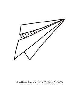 Plano de papel Doodle. Avión dibujado a mano con curvas de contorno, avión de origami de línea simple hecho a mano, símbolo de viaje y concepto de envío de mensajes. Vector aislado