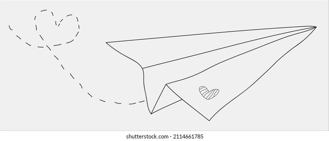 Doodle-Papier-Flugzeug-Symbol. Handgezeichnetes Papierflugzeug. Herz, Papierflieger mit Liebe, valentiner Papierrakete, Vektorgrafik.