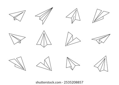 Ícone de plano de papel rabiscar definido no estilo de esboço desenhado à mão. Ilustração isolada de vetor.