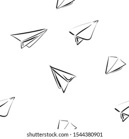 Doodle paper planes seamless in sketch style on black background. 