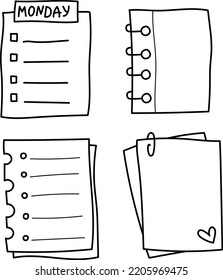 Doodle paper sheet. Hand drawn sketch notebook, bullet journal sheets, sticky note and notepad page. Sketch doodle sheets vector illustration set. Notebook information, reminder message bullet