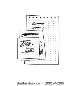 Doodle paper sheet with polka dots from a notepad with a spiral isolated. Hand-drawn square memo pages and torn from a notepad. Simple scribbled sheets for reminders. Vector memo with abstract text.