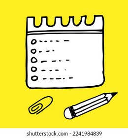 Doodle paper sheet with sticky tape. Empty paper page for scribbles and messages. Doodle vector illustration isolated in white background