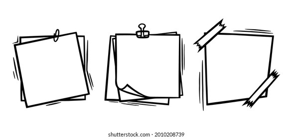 Doodle paper sheets with clip and sticky tape elements. Empty paper pages for memos and messages. Doodle vector illustration isolated in white background