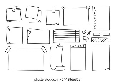 Doodle paper sheets, stickers and pins. For notes, to do list and memo. Vector illustration