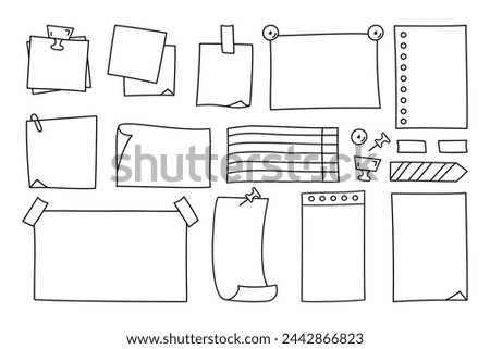 Doodle paper sheets, stickers and pins. For notes, to do list and memo. Vector illustration