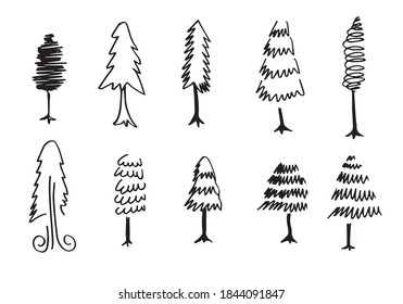 doodle park forest conifer abstract silhouettes outlined trees in black color collection set