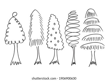 doodle park forest conifer abstract silhouettes outlined trees in black color collection set