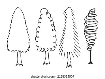 doodle park forest conifer abstract silhouettes outlined trees in black color collection set