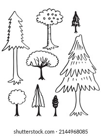 doodle park forest conifer abstract silhouettes outlined trees in black color collection set