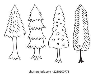 doodle park forest conifer abstract silhouettes outlined trees in black color collection set