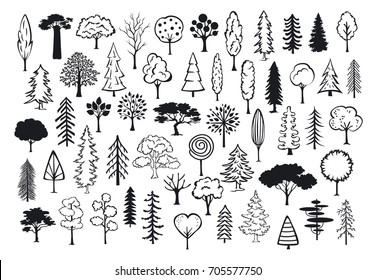 Doodle Park Forest Conifer Abstract Silhouettes Outlined Trees In Black Color Collection Set